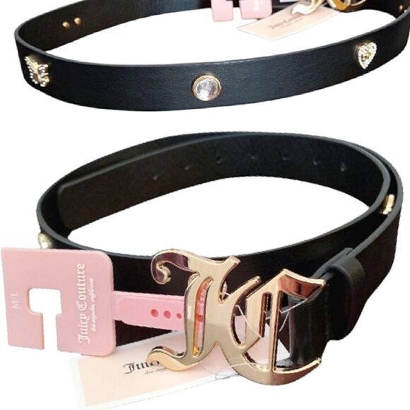Juicy Couture Black Faux Leather Gold Logo Charmed Waist Belt Med/ Lrg NWT main image 8